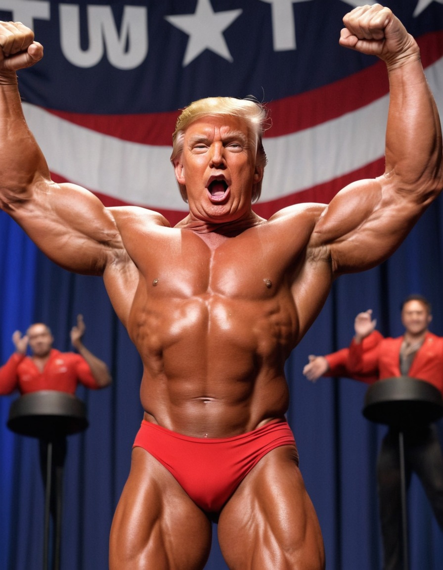 donald trump, bodybuilder, politics, satire