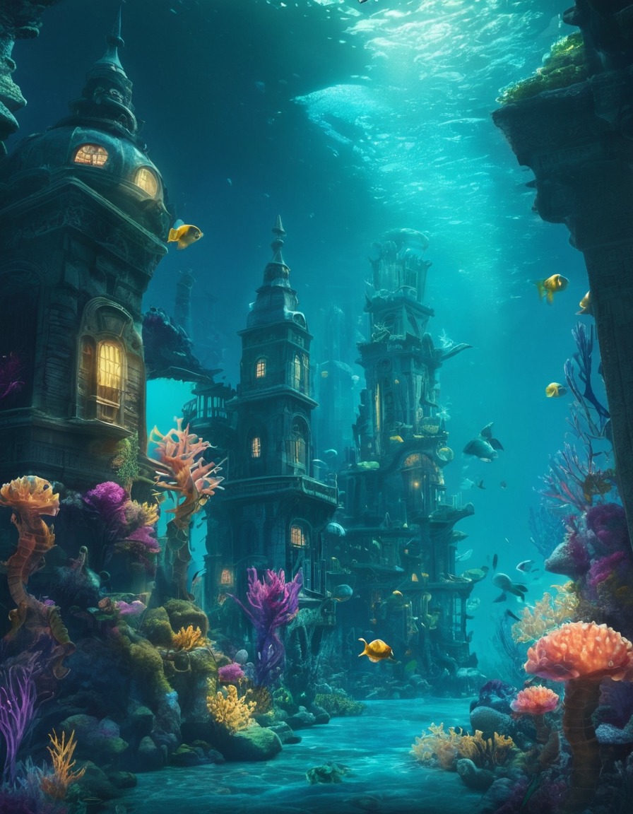 underwater, city, luminescent plants, mermaid, seahorses, fantastic