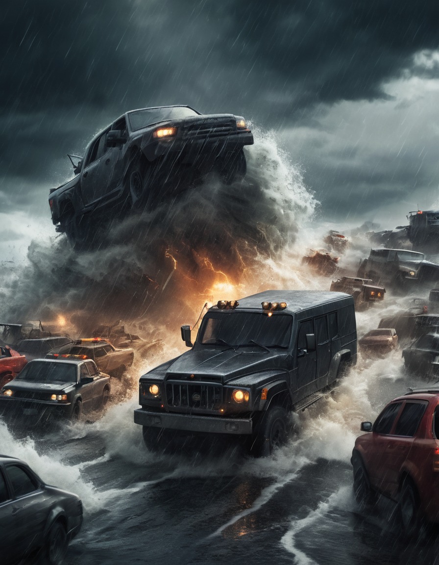 storm, chaos, vehicles, extreme weather, mad max