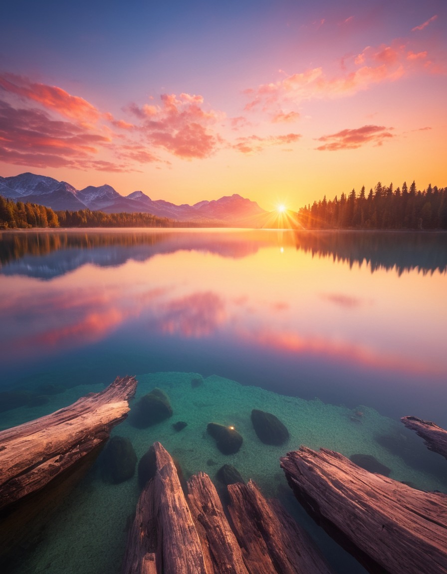 sunrise, lake, nature, serene, vibrant sky