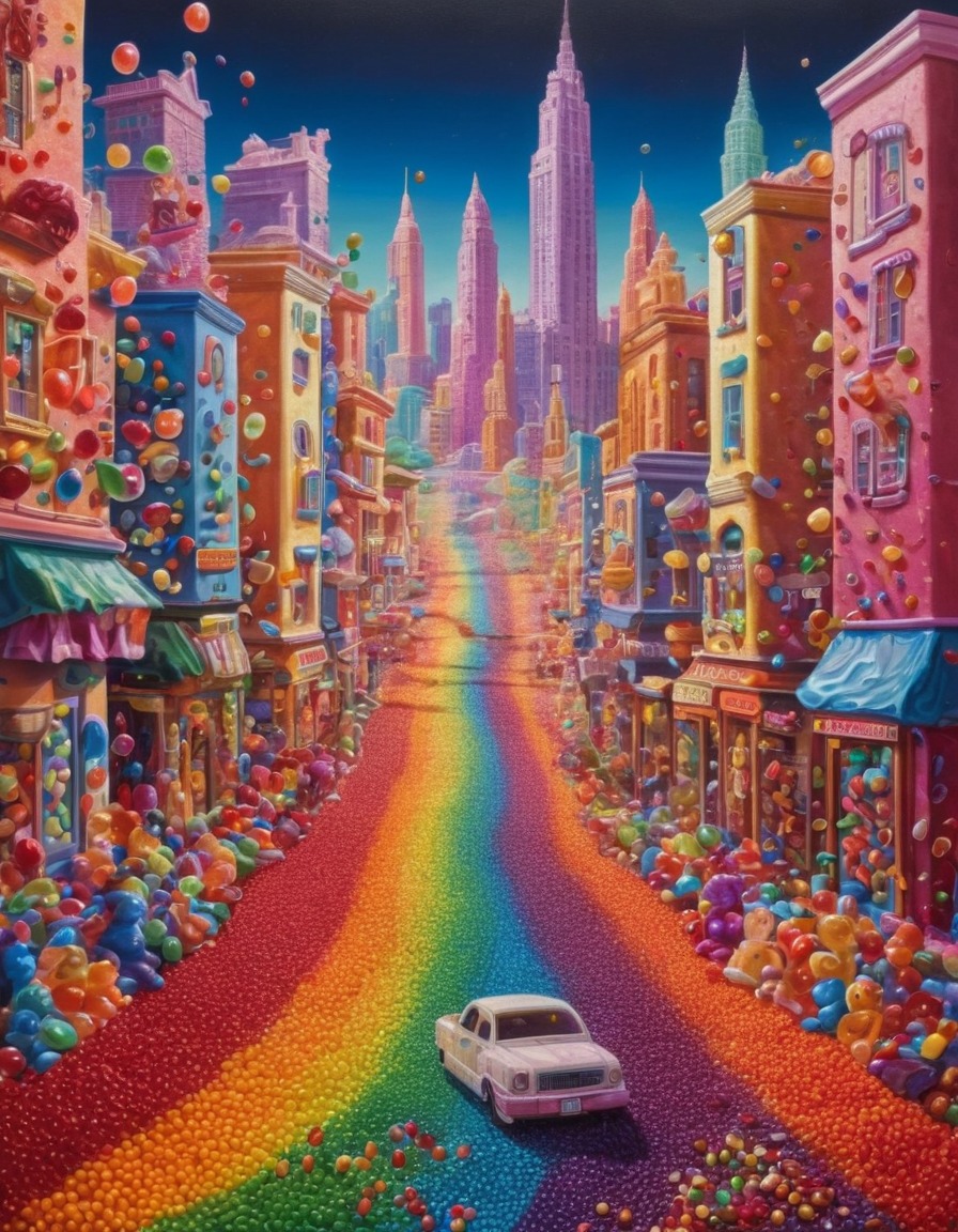 jellybeans, gummy bears, cityscape, whimsical, surreal