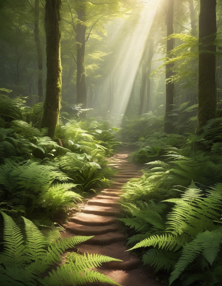 forest, sunlight, canopy, ferns, nature