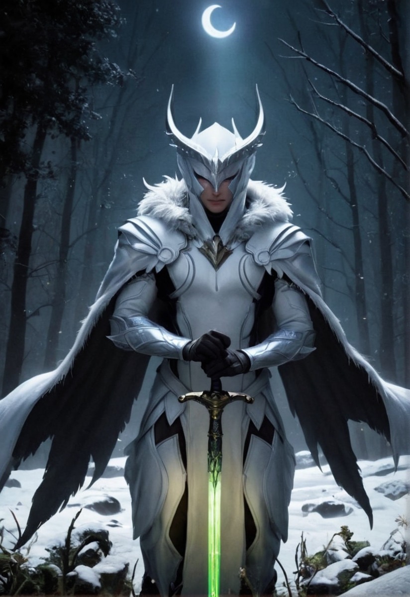 digitalart, videogamefanart, warrior, magic, fantasyart, fantasycharacter, epic, knight, guardian, digitalpainting, wallpaper, anime, fanart, scifi, alien, ambientlight, antlers, cape, crescentmoon, night, oberon, robot, snow, sword, winter, warframe, warframefanart, ai_generated, ai_generated_art