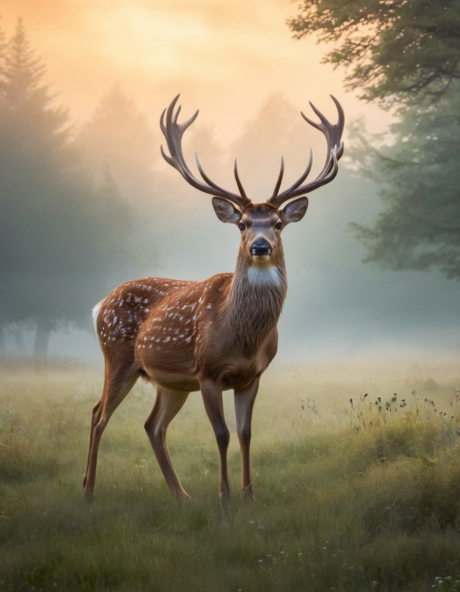 deer, misty, meadow, wildlife, nature