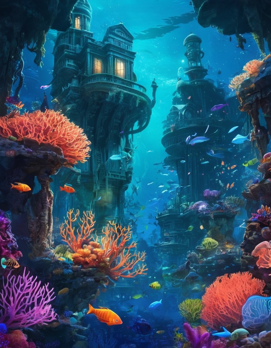 underwater city, bioluminescent, sea creatures, coral reefs, hidden, fantastic