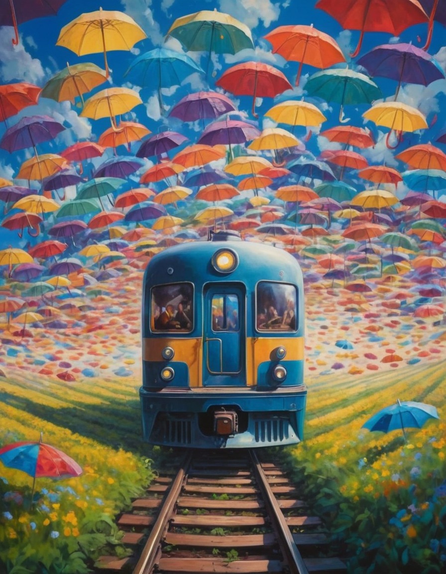 train, umbrellas, transportation, art installation, surreal