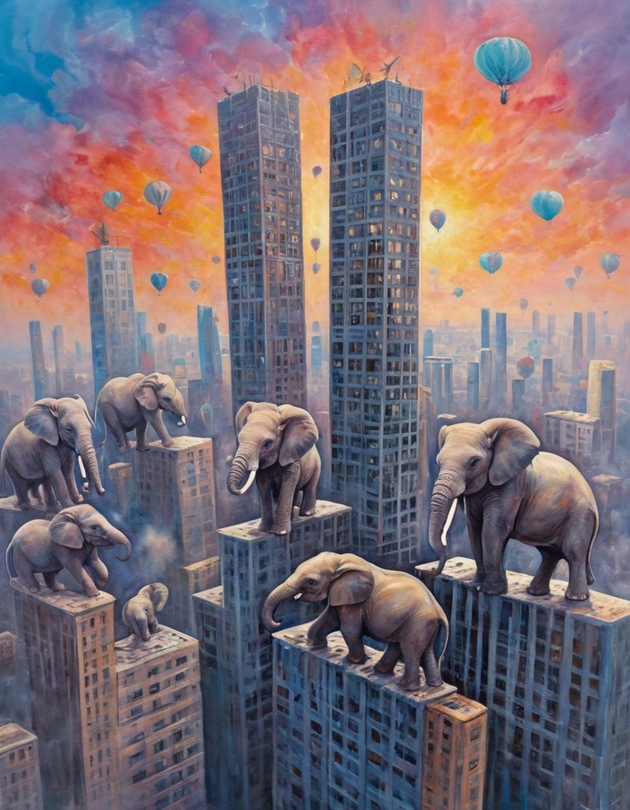 elephants, skyscrapers, urban, surreal