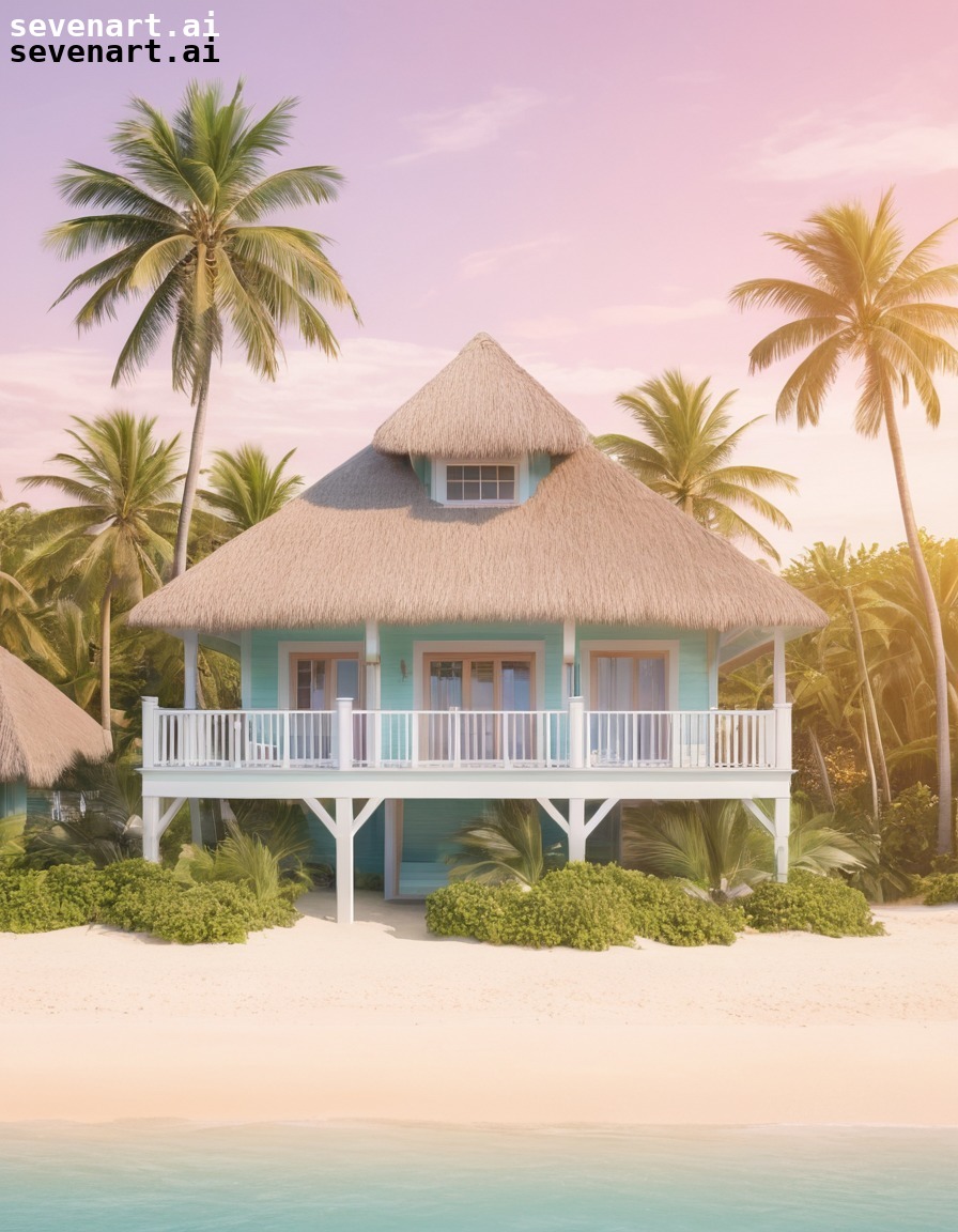 beachfront, tropical, vacation, pastel colors, thatched roof, house, home