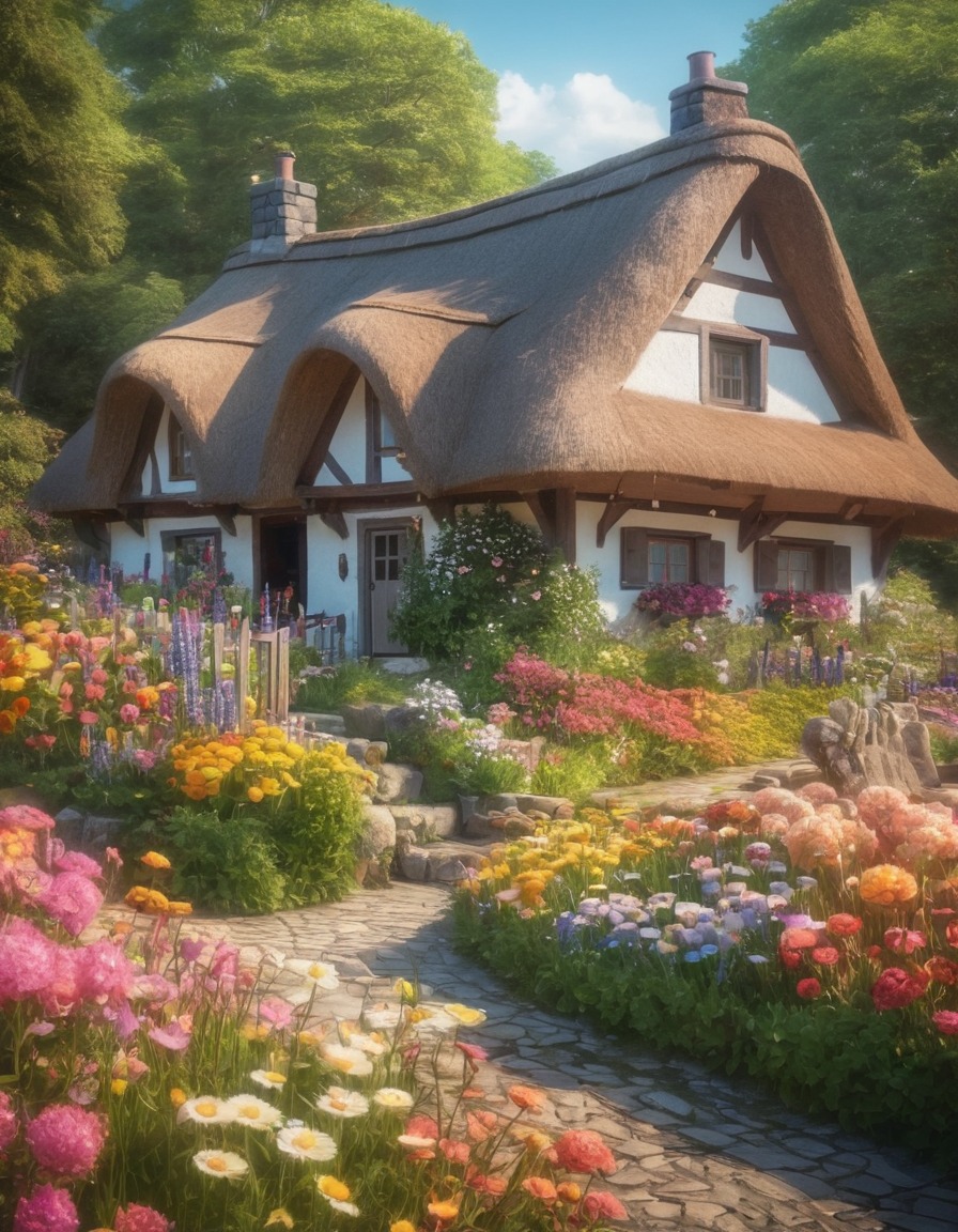 cozy, cottage, thatched roof, blooming garden, flower