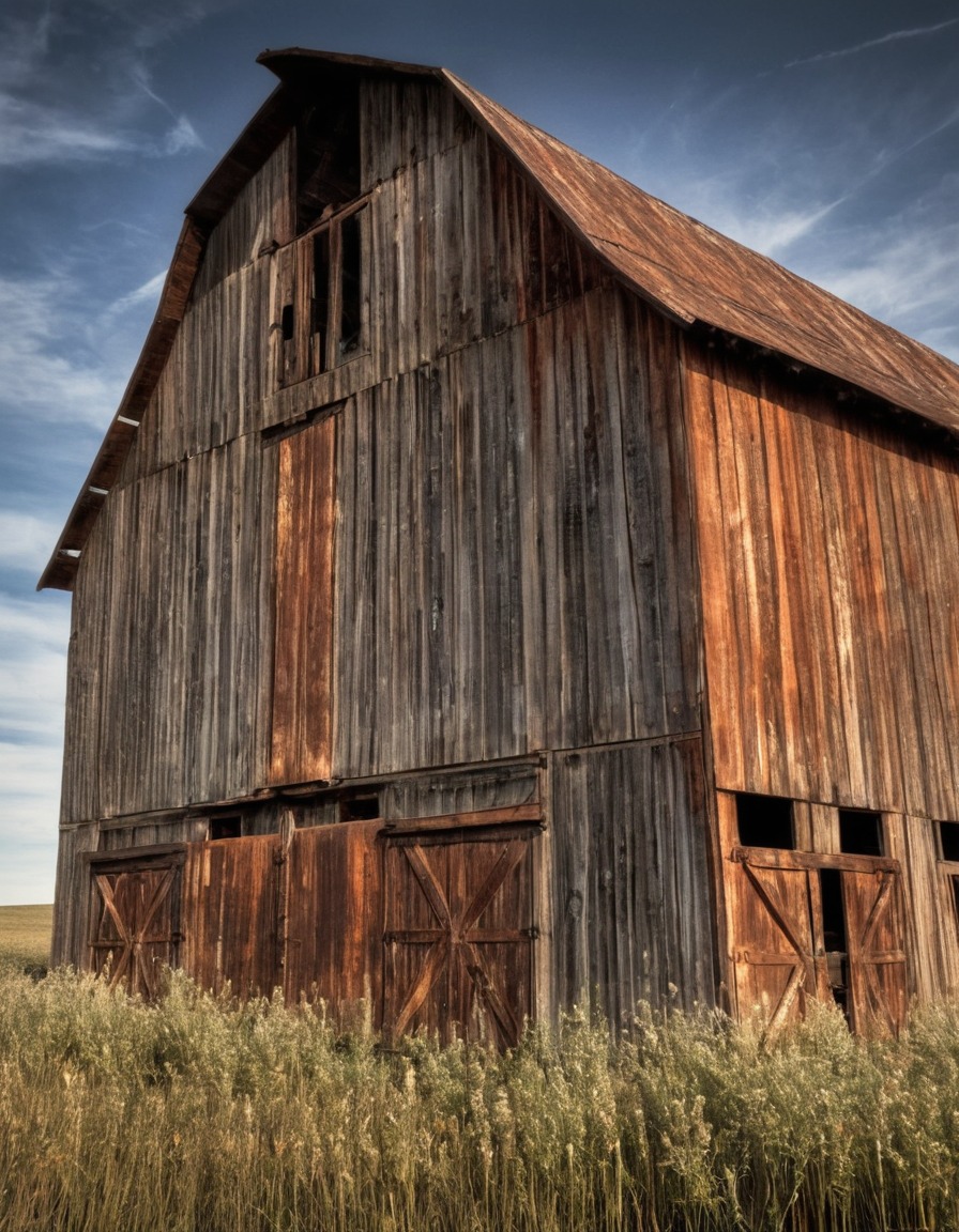 wooden barn, weathered, rusty metal, rustic