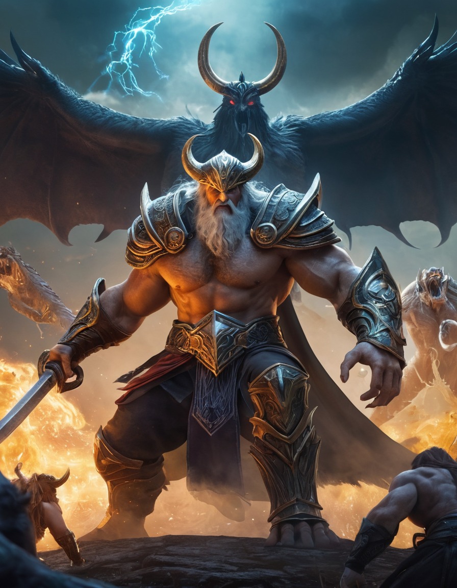 odin, norse mythology, epic battle, fight scene, monsters, legendary warrior, mythological beings