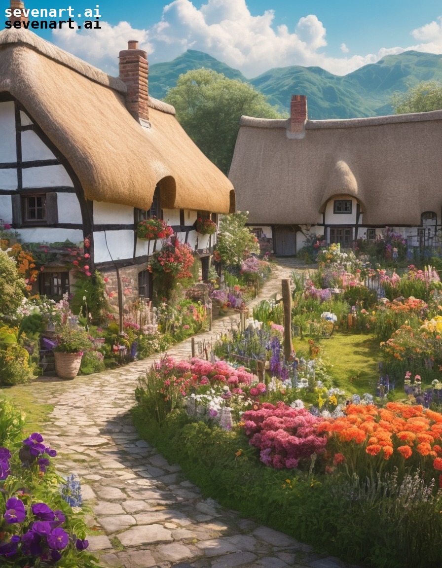 village, thatched-roof cottages, gardens, picturesque, blooming