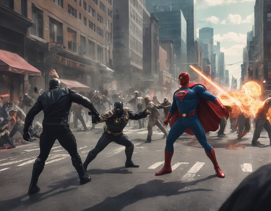 superhero, villain, battle, city, street, hero