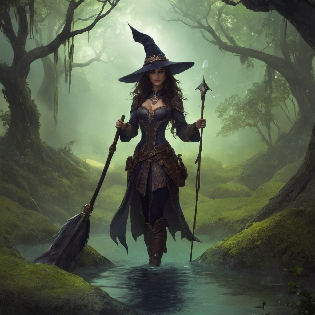 magic, forest, witch, sorceress, dreamup, digitalart, fantasyart, horror, fog, swamp, dailychallenge, ai_art