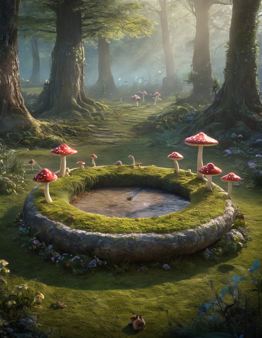 faerie circle, ethereal beings, dance, toadstools, fantasy scene