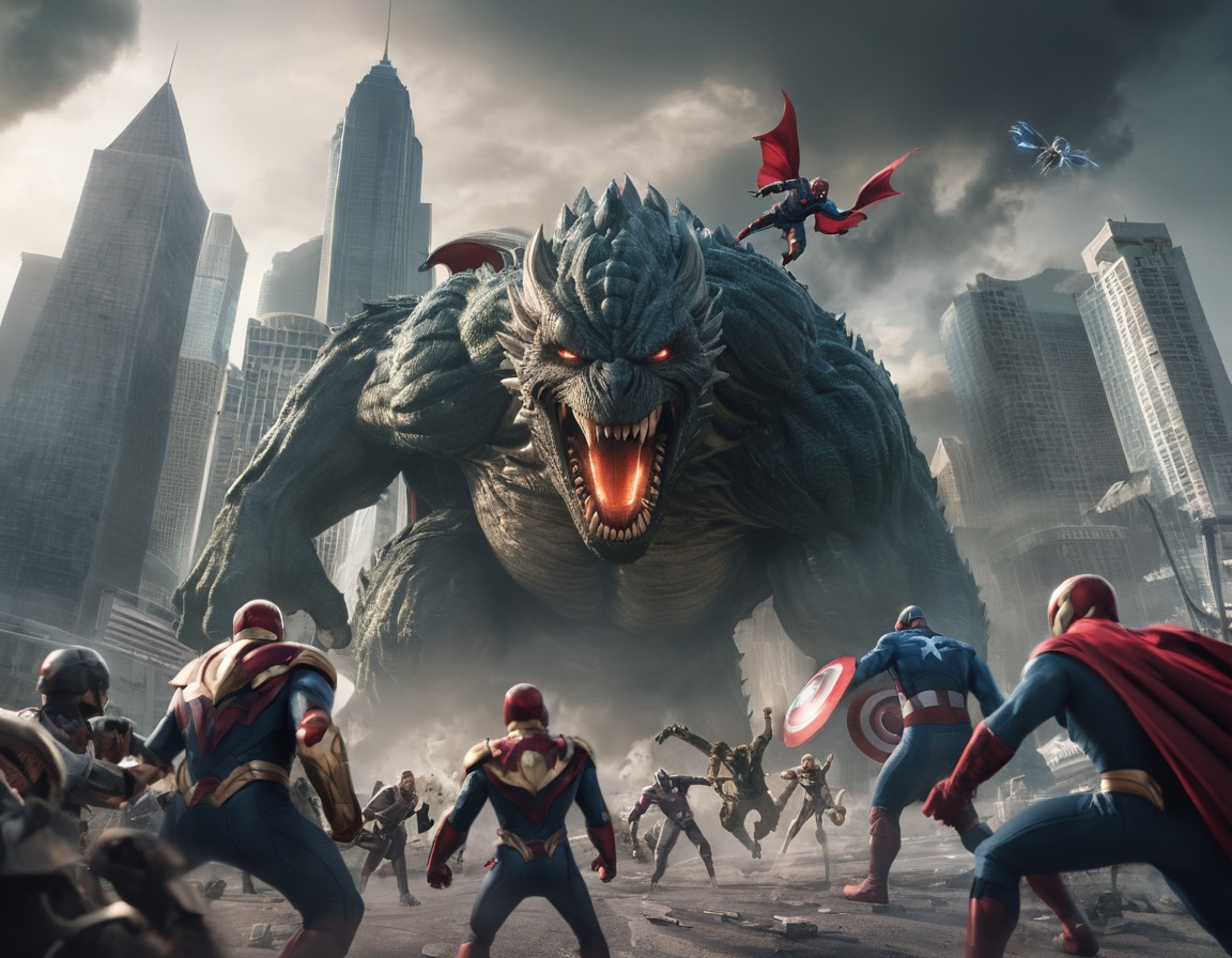 super heroes, giant monster, teamwork, city, battle, hero, superhero