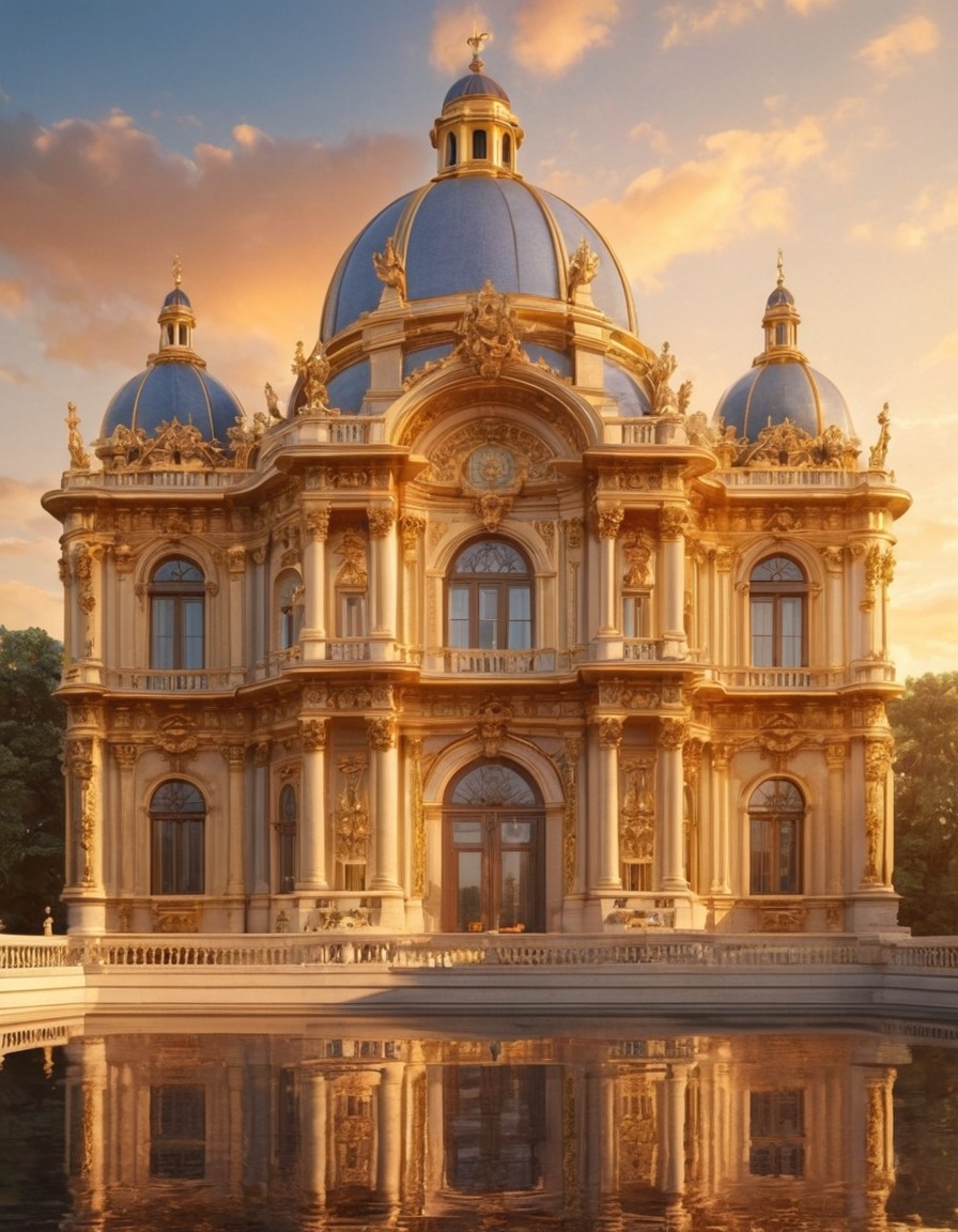 baroque architecture, sunset, grand building, architectural details, aesthetic beauty, golden hour, architecture