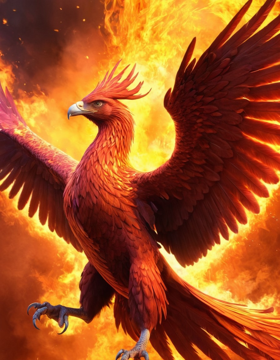 fire, mythical creature, phoenix, rising, wings, majestic