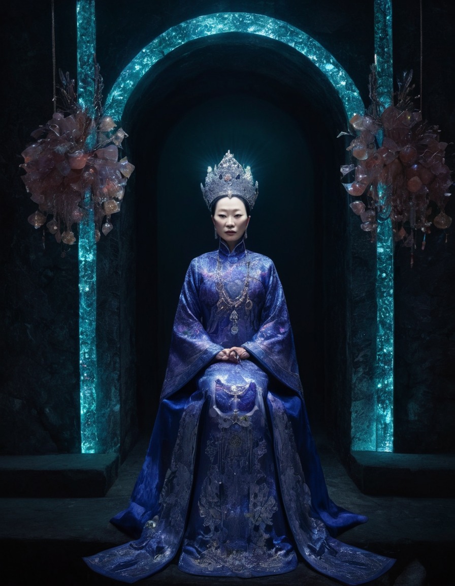 empress dowager cixi, glowing crystals, underground chamber, chinese history, royalty, power, mysticism