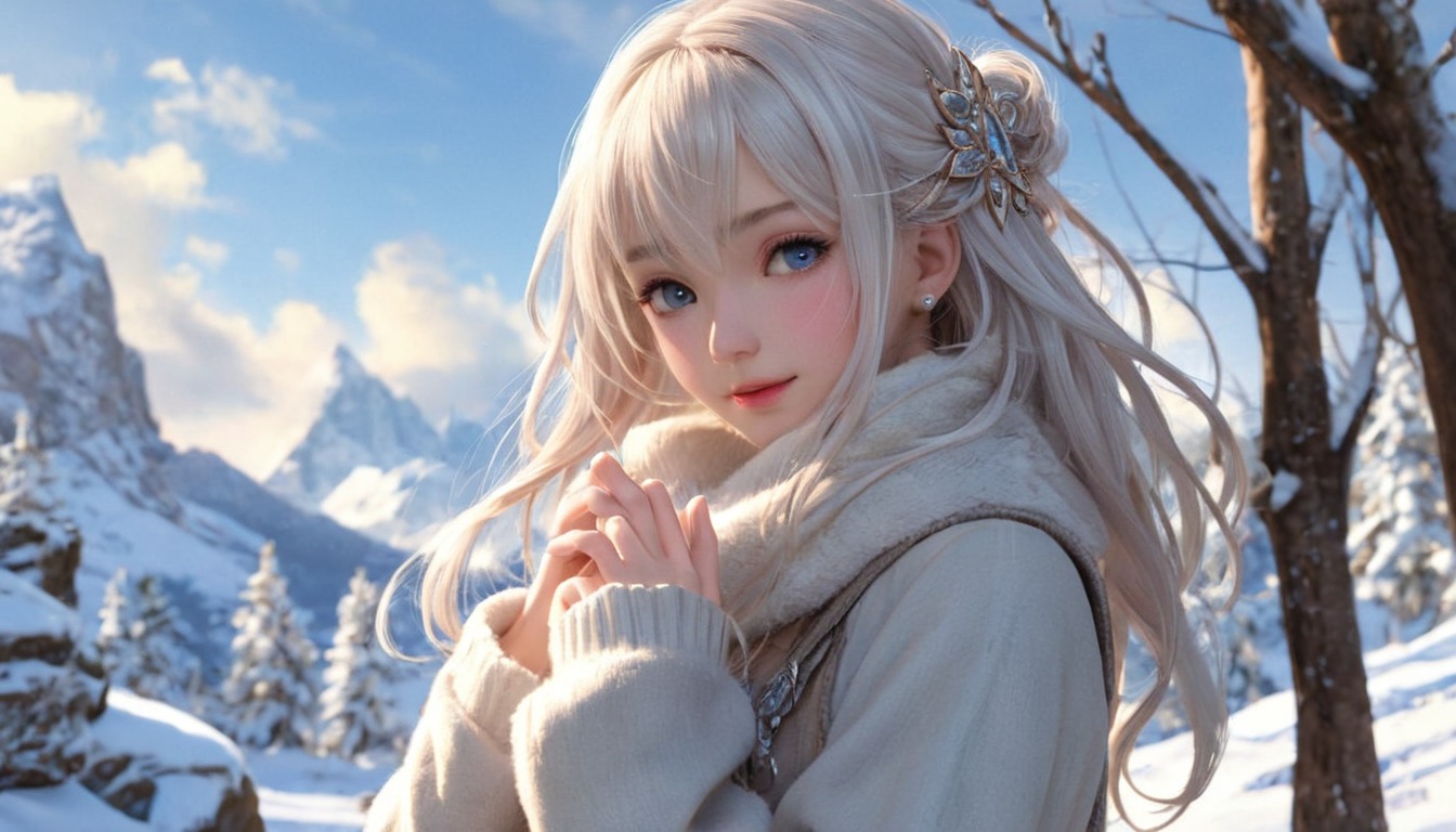 anime, animegirl, wallpaper, mountain, snow, sweaterweather