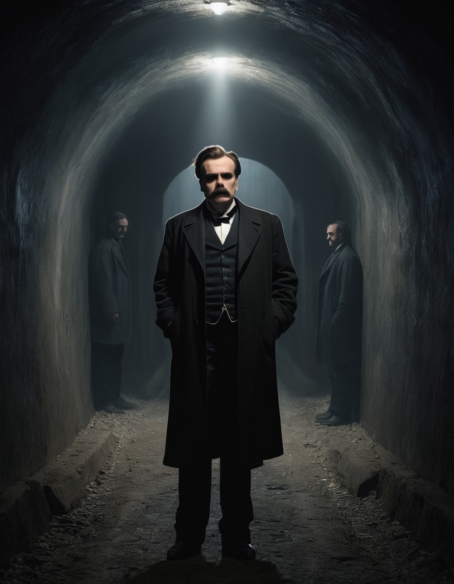 friedrich nietzsche, philosopher, confidence, tunnel, shadowy figures, darkness