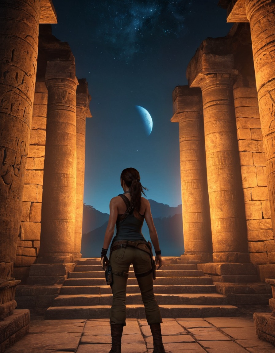 lara croft, ancient temple, exploration, night time, adventure, video game character, games, girls from games