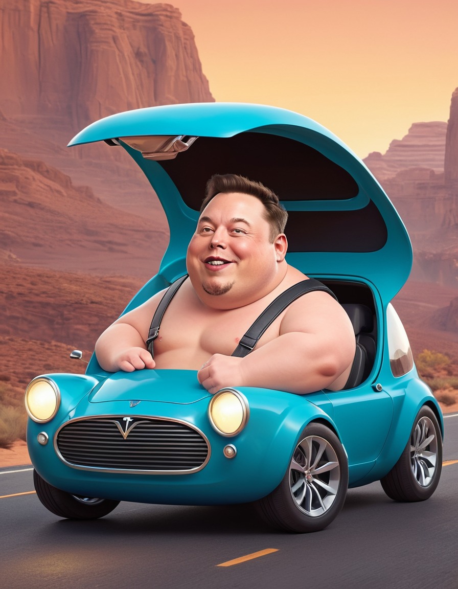 elon musk, cartoon, tesla, illustration, fat