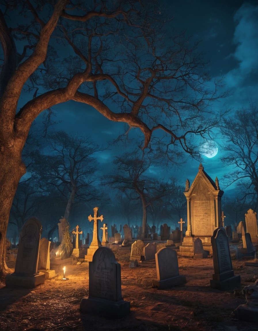 graveyard, spirits, haunted, night, spooky, trees., fantastic