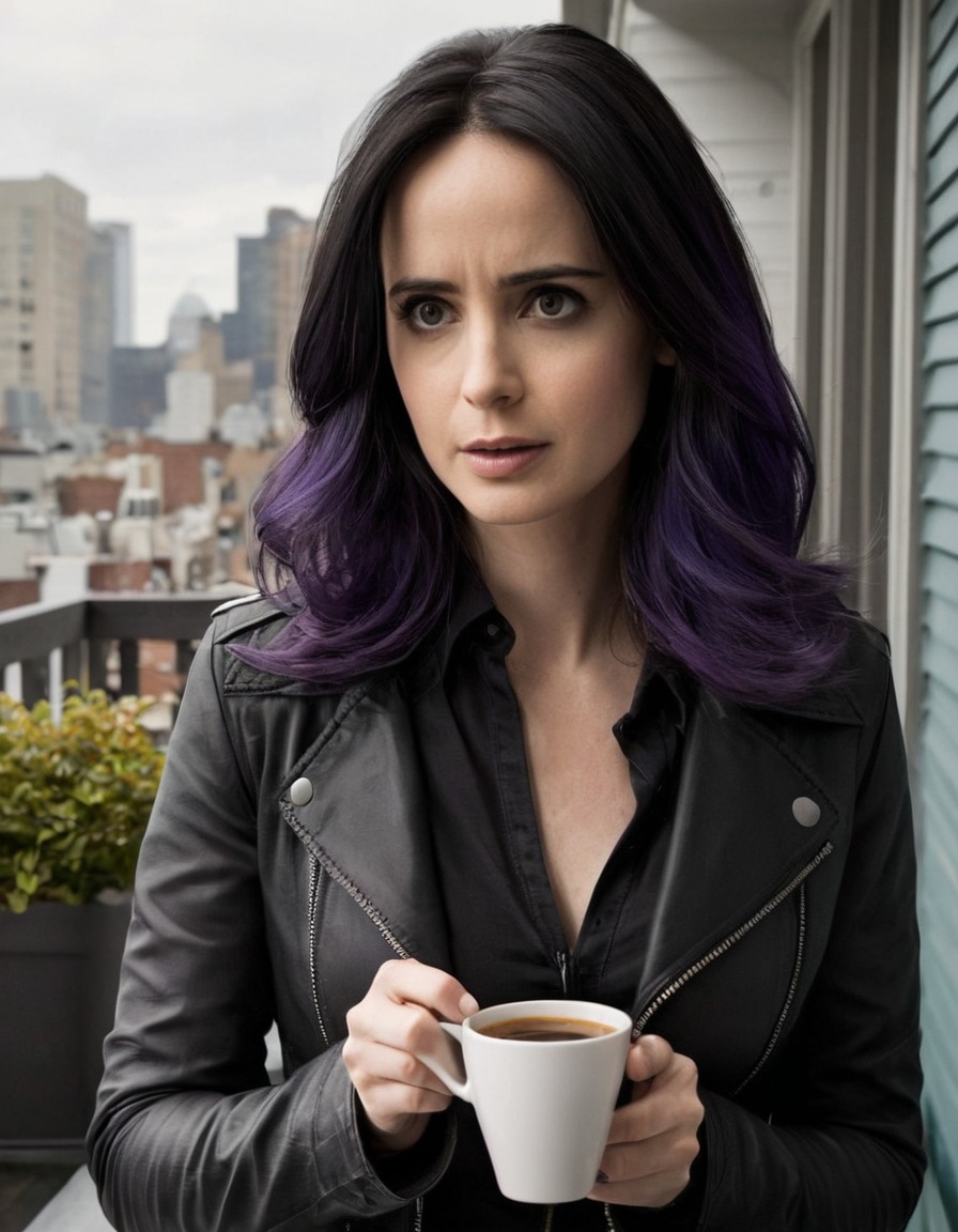 jessica jones, marvel comics, morning routine, coffee, balcony, superhero, superheroine, bikini