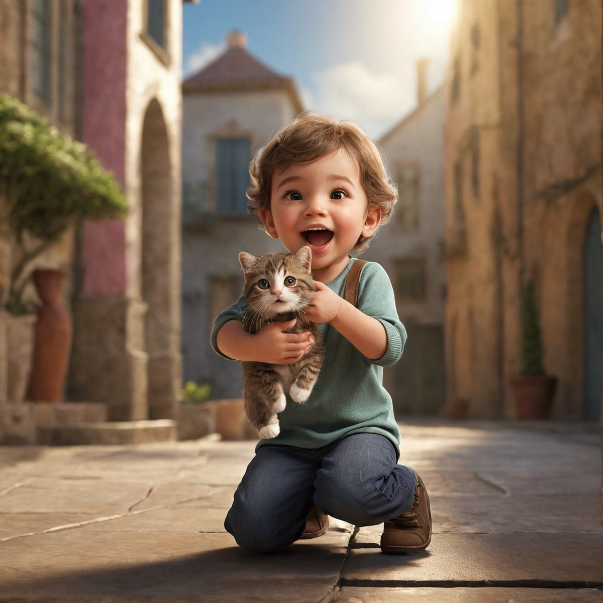 digitalart, child, excited, kitten, aiart