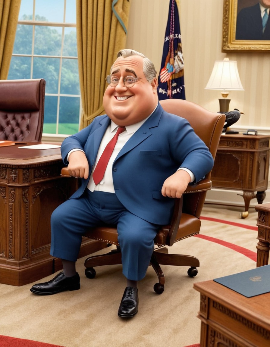 franklin roosevelt, oval office, cartoon illustration, struggle, desk, chubby, humor, fat