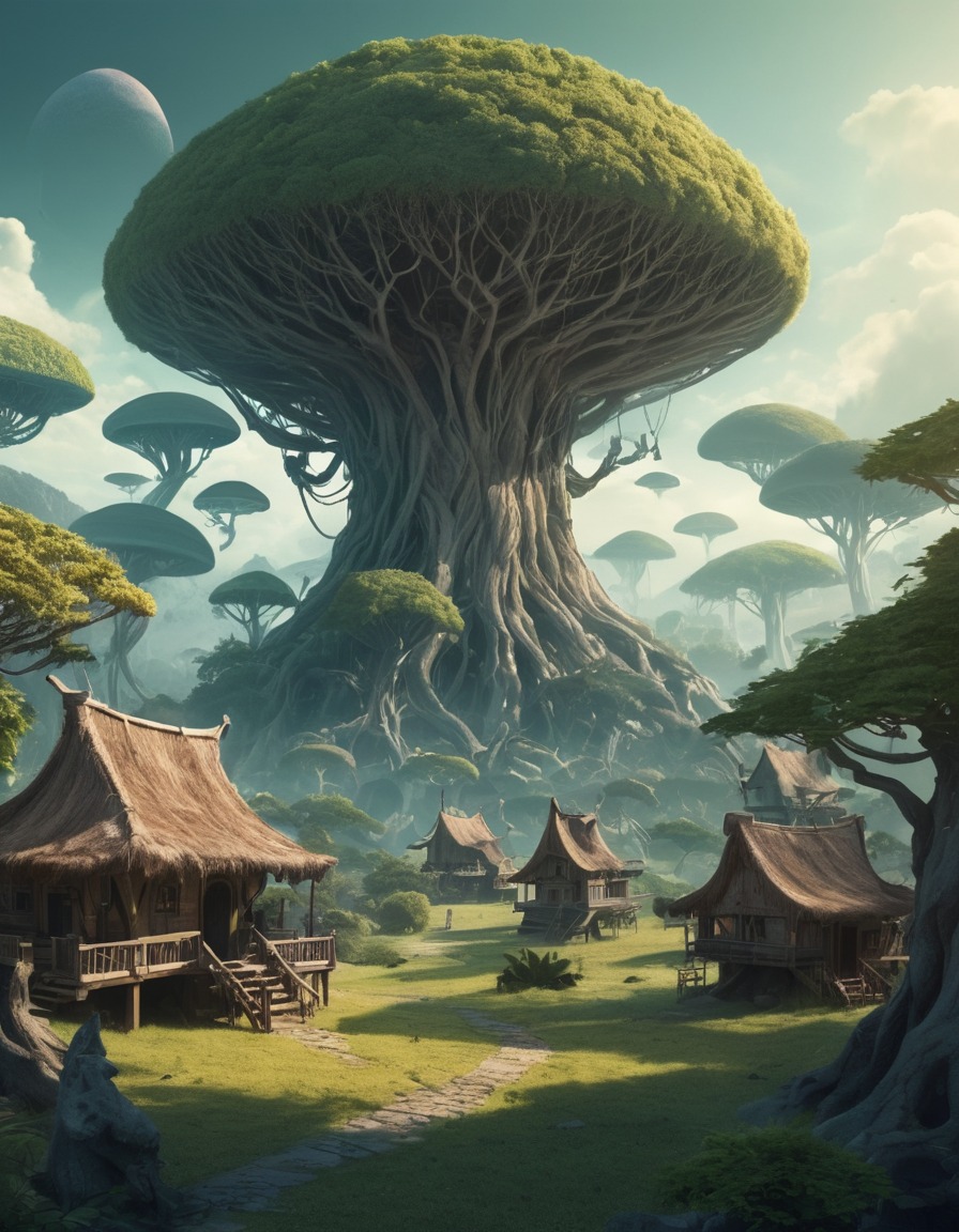 alien world, tree village, fantasy, sci-fi, tranquil, extraterrestrial, aliens