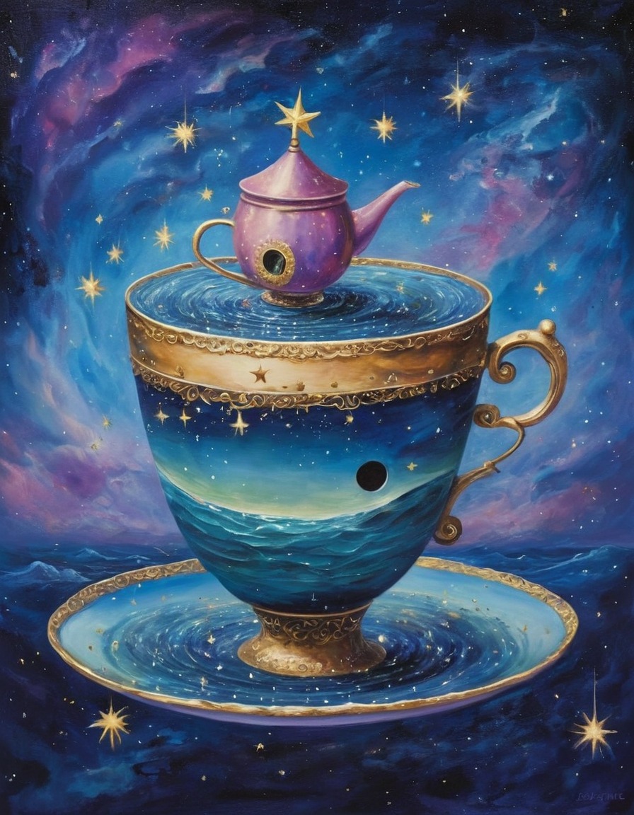 fantasy, surreal, giant teacup, starscape