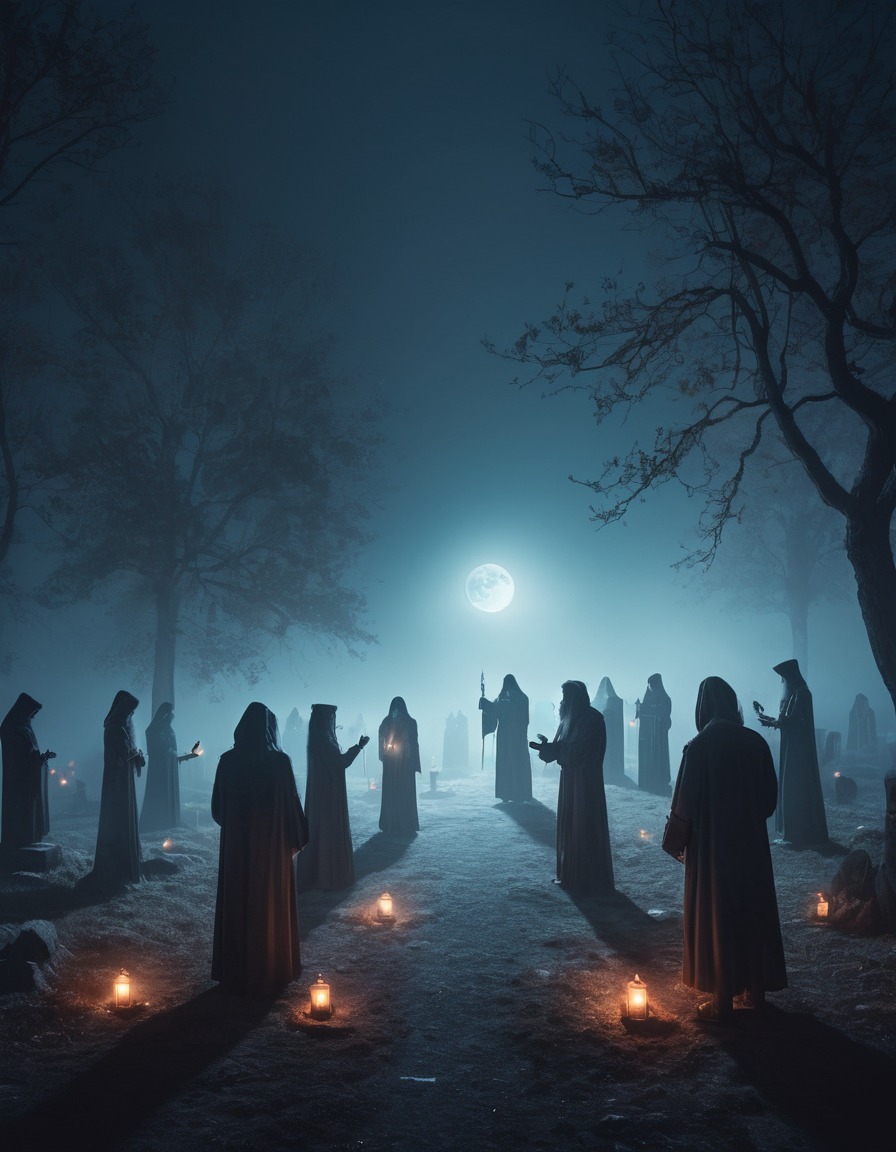 cultists, ritual, moonlit, fog, graveyard, lovecraft, howard lovecraft