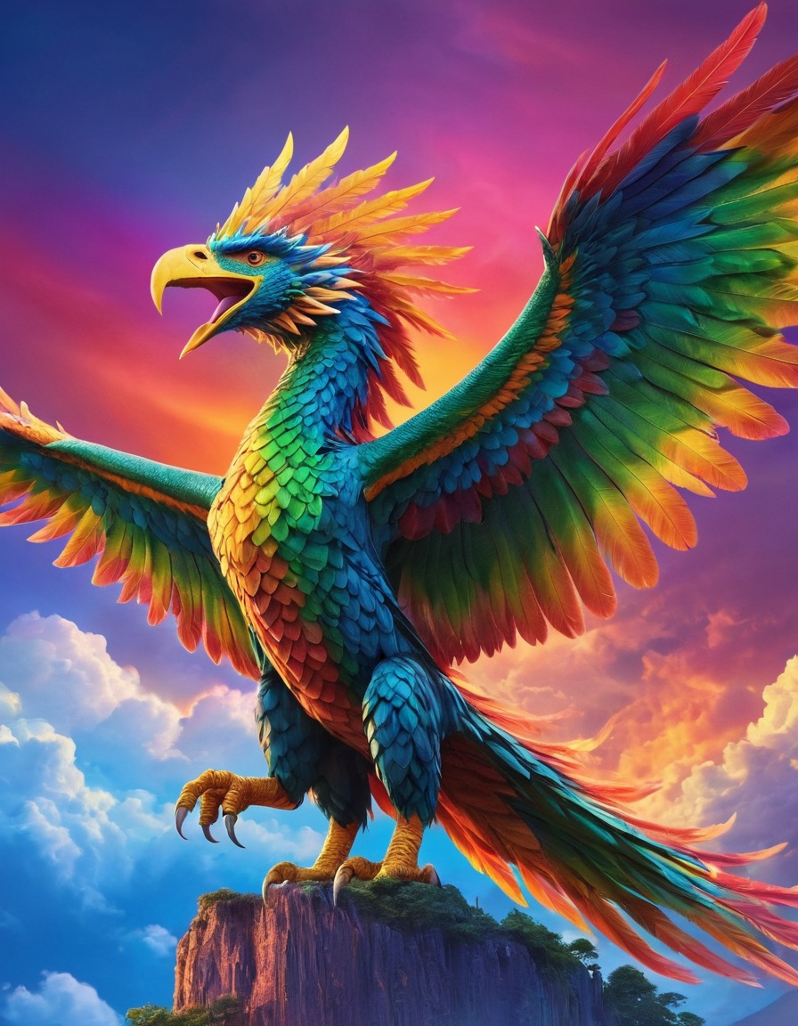 quetzalcoatl, mythology, deity, rainbow, sky, vibrant, majestic