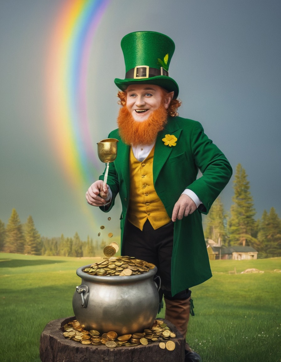 leprechaun, pot of gold, rainbow, fairy tale, mythical creature