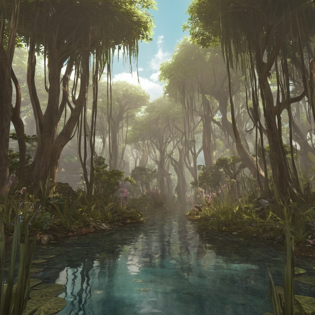 digitalart, fantasyart, waterfall, dreamup, plants, mangrove, swamp, ai_art