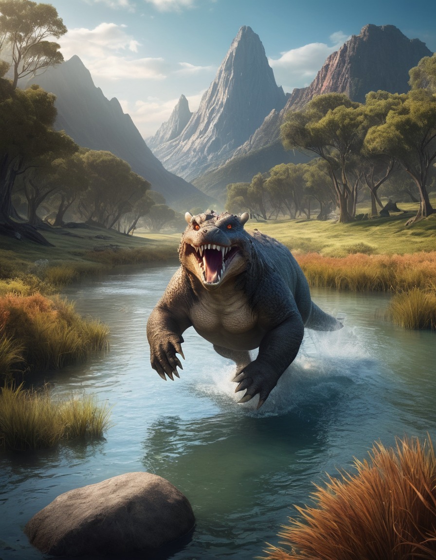 fantasy, landscape, bunyip, mythical creature, river, majestic