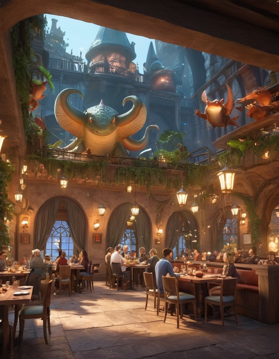 fantasy, restaurant, fictional creatures, city, imaginary, magical, dining experience