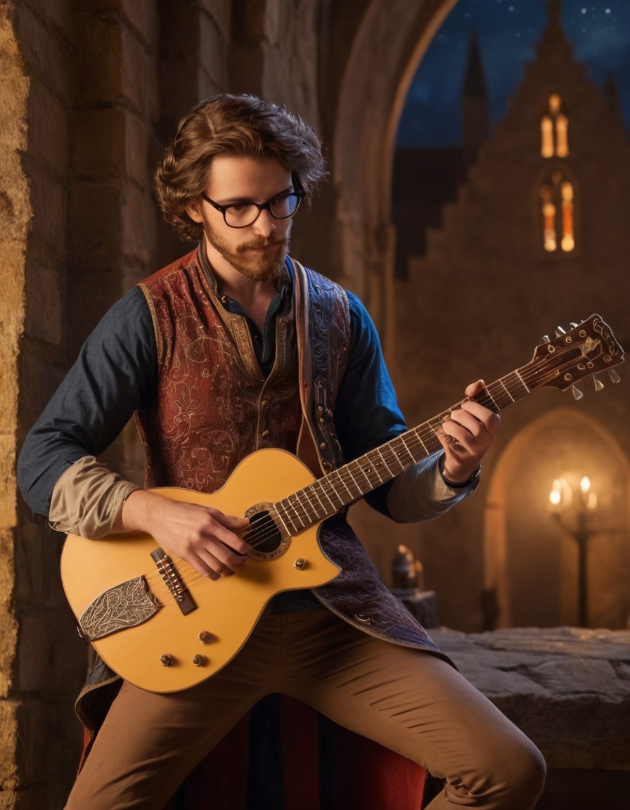 medieval, illuminated manuscript, hipster, bard, electric guitar, art