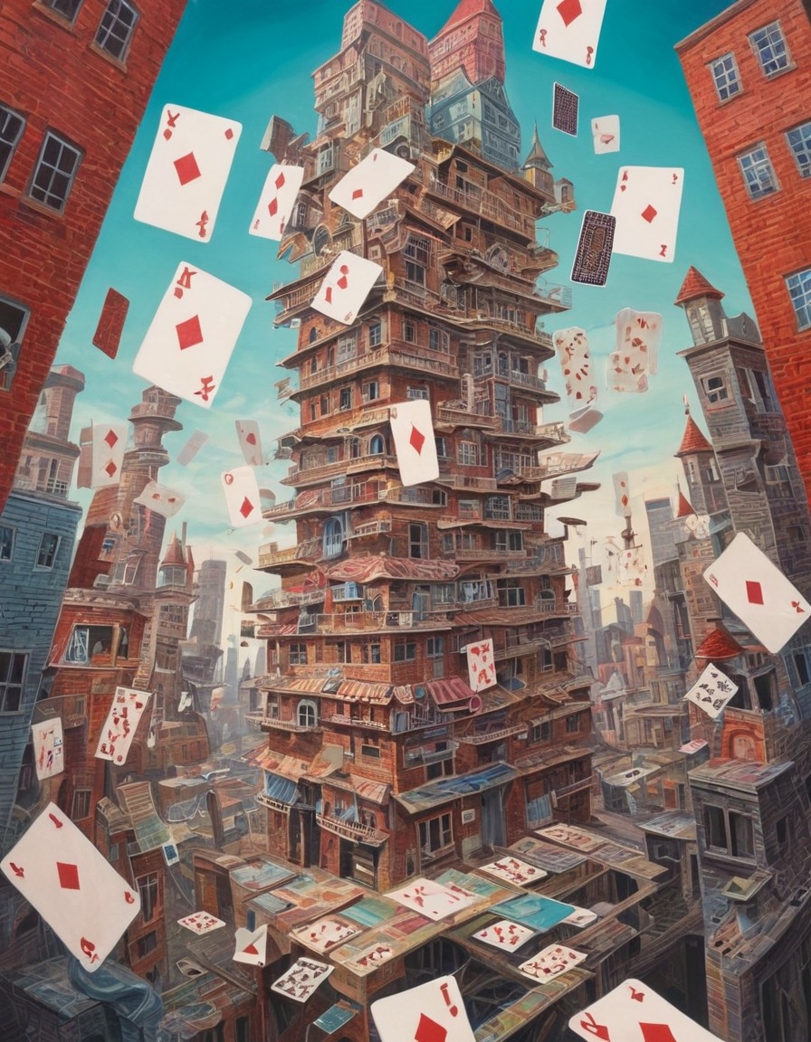 cityscape, playing cards, art, whimsical, surreal