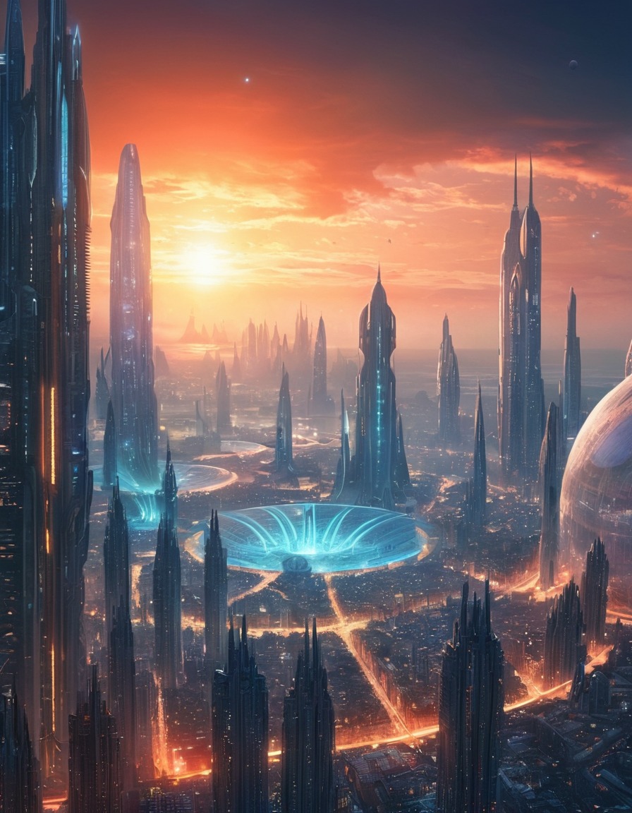 alien, cityscape, towering buildings, glowing, futuristic, science fiction, extraterrestrial, aliens