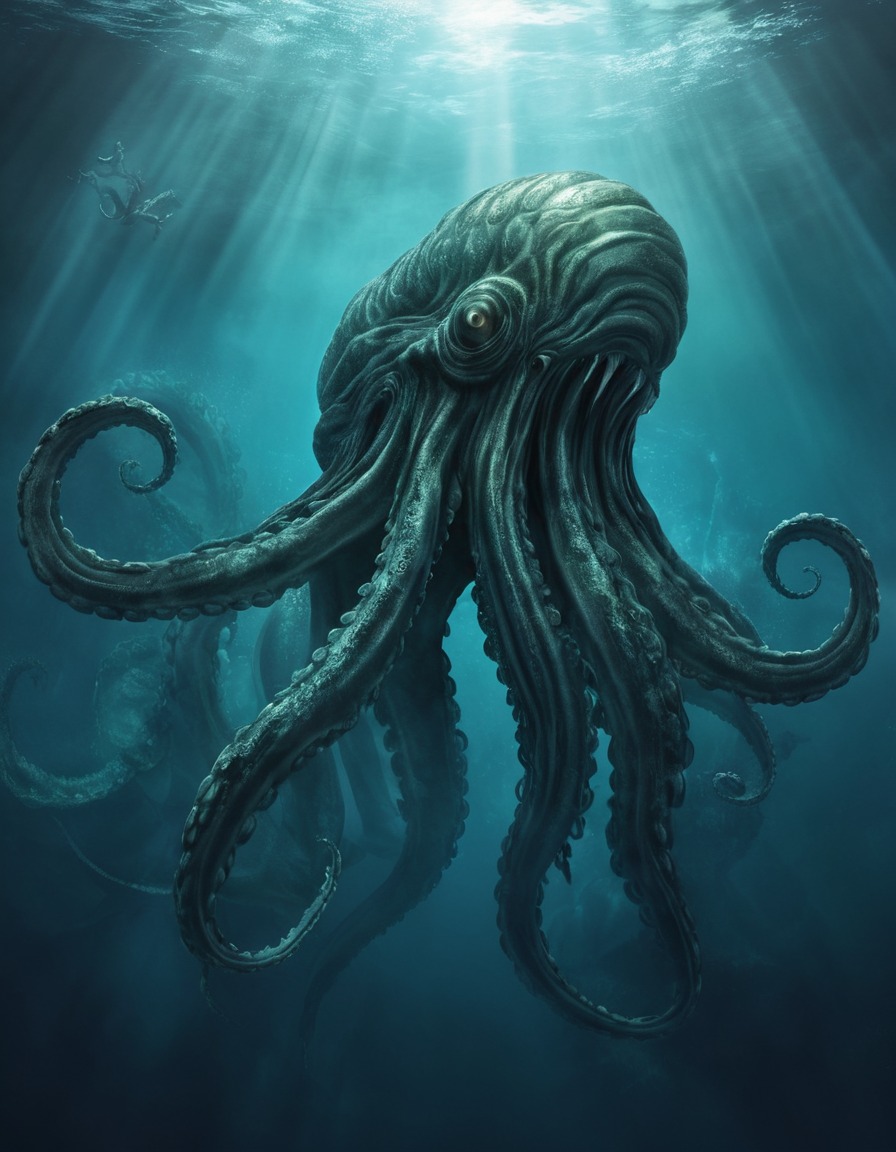 sea monster, mythical creature, giant octopus, ocean depths, underwater fantasy