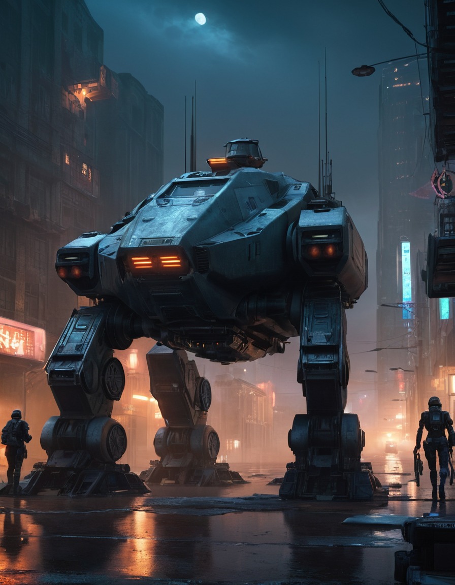 ed-209, dystopian, cityscape, night, robotic law enforcement, robots, games, movies