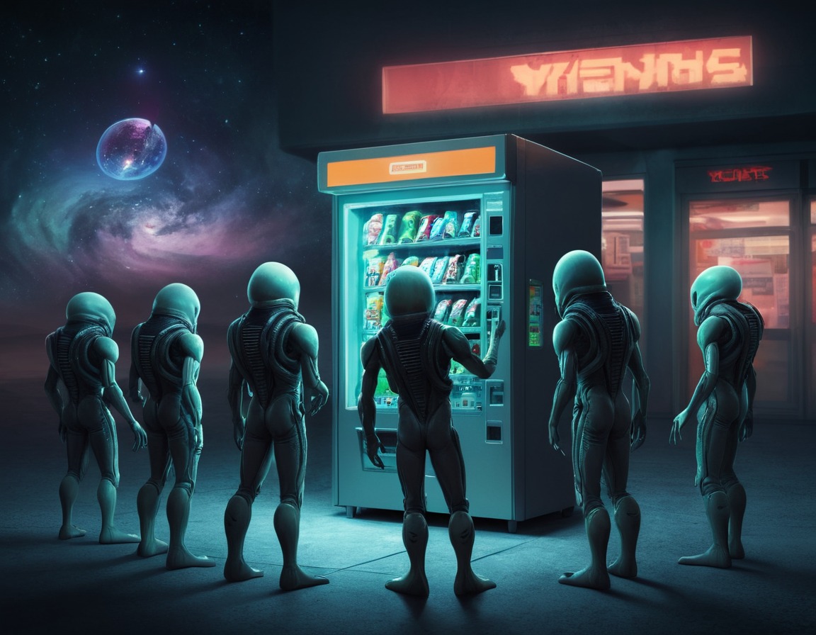 aliens, vending machine, curiosity, technology, problem-solving, fun, people