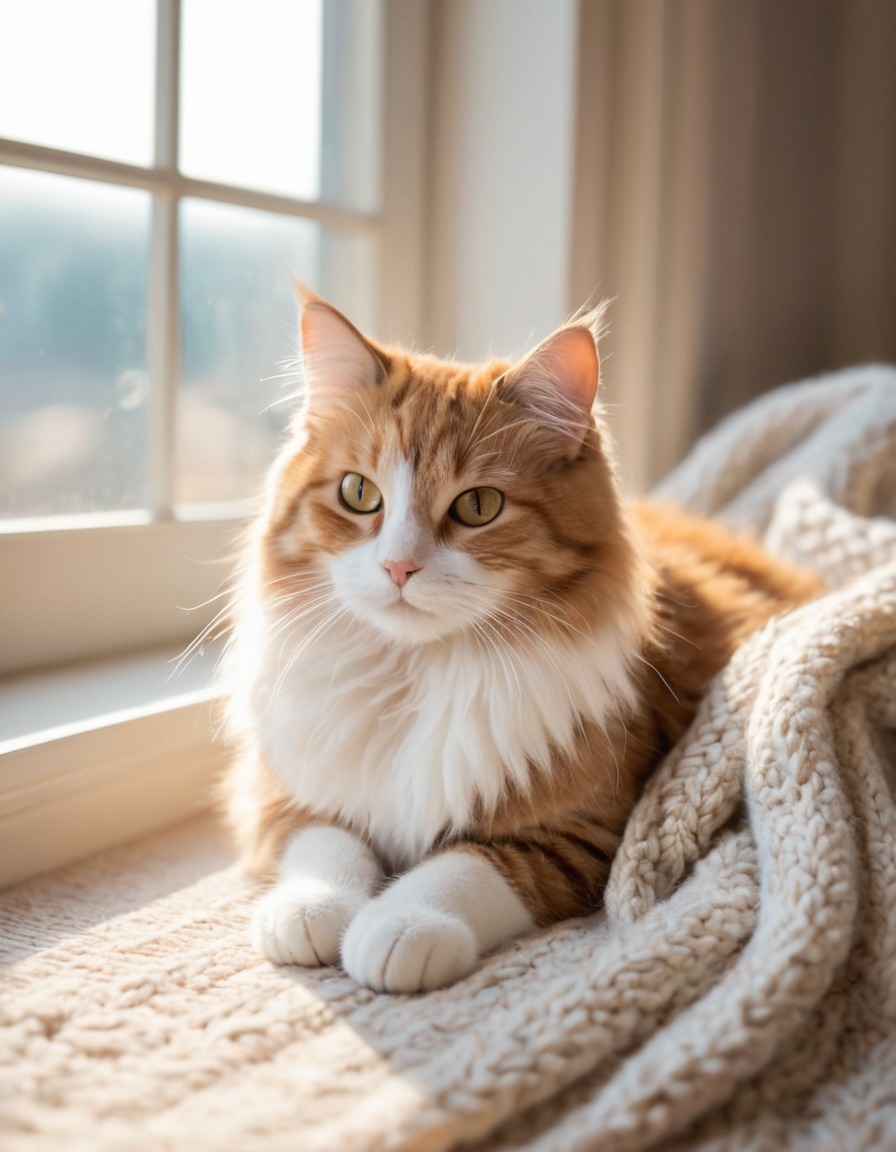 cat, fluffy, cozy, knitted blanket, window, home, interior