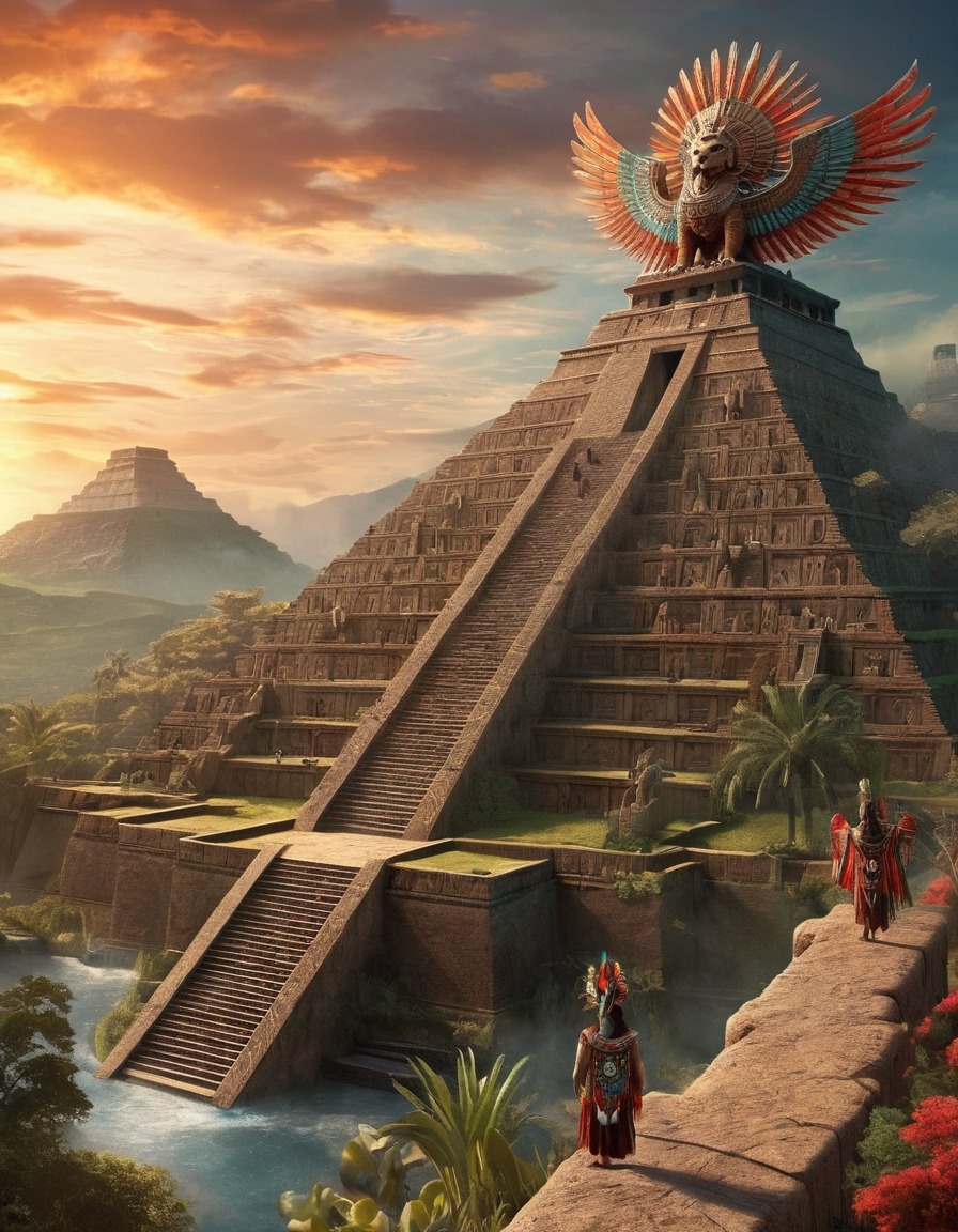 illustration, aztec, mythical, ahuizotl, landscape