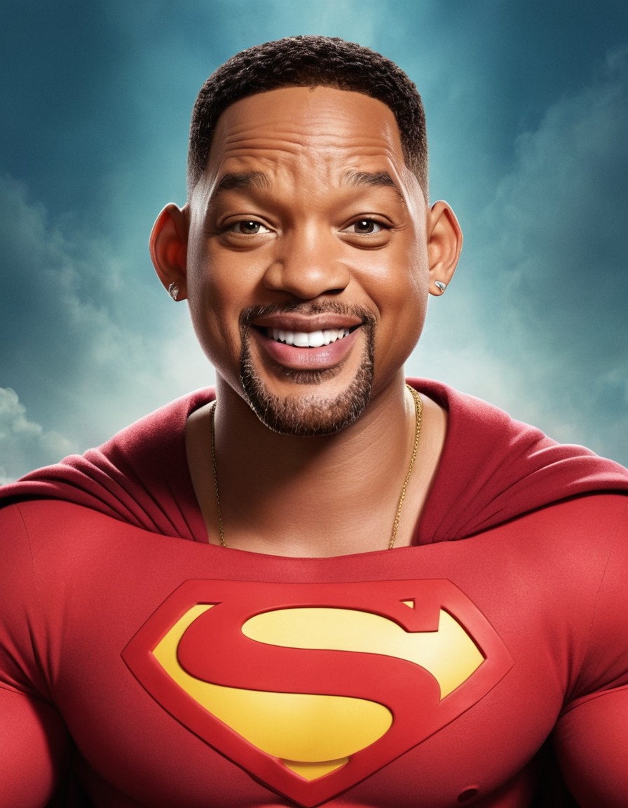 will smith, caricature, superhero, whimsical, fat