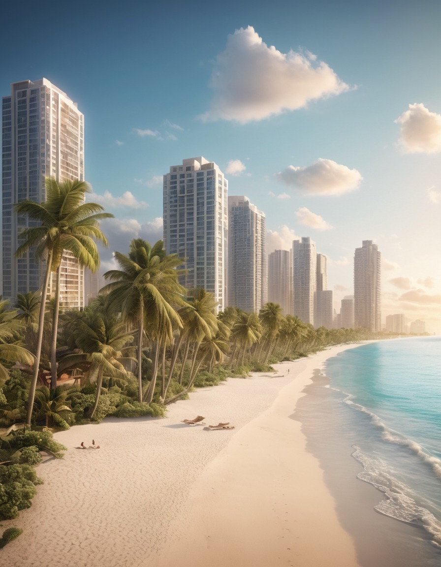 beachfront, high-rise buildings, palm trees, serenity, nature, city