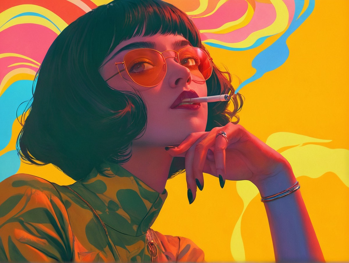 popart, psychedelicart, smoking, sunglasses, woman, aiart, aiillustration, aiartwork